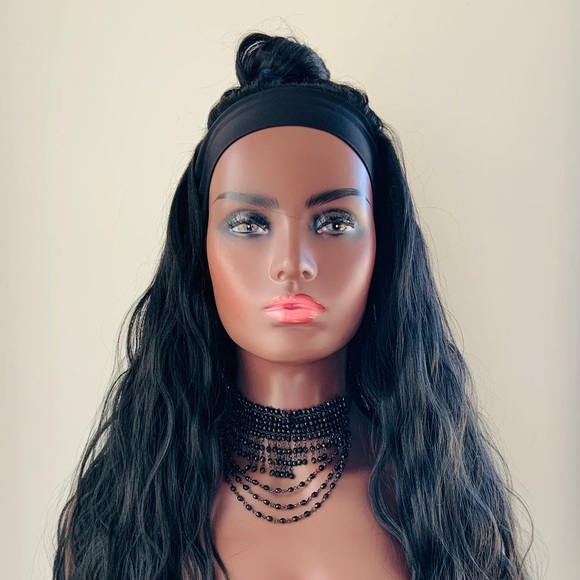 A Pretty “Put On & Go” Long Black Premium Fiber Headband Wig - Daily Wear/Event - Picture 3 of 16
